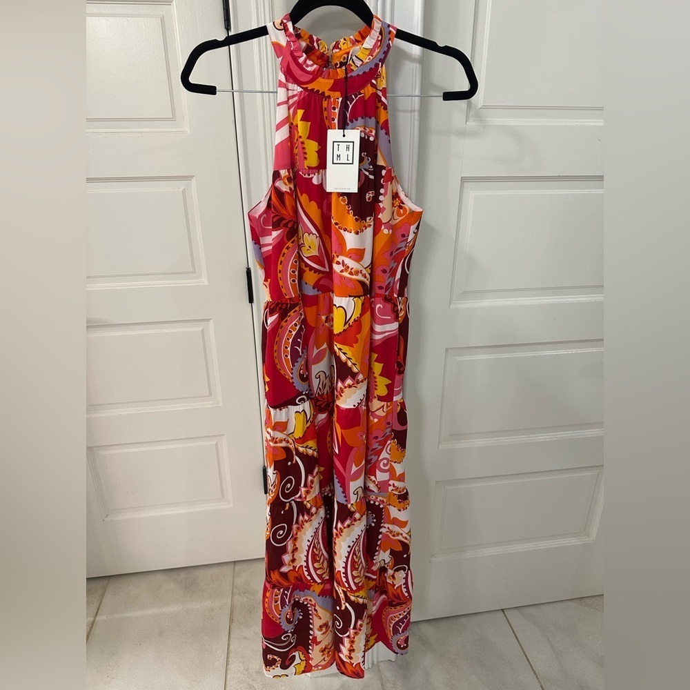 THML HALTER PAISLEY TIERED MAXI DRESS Size SMALL Colorful Raspberry Summer NEW